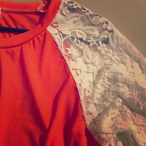Coral and white lace sleeve shirt
